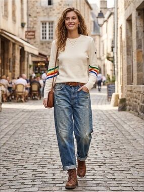 Saint James France Rainbow Stripe Fisherman Wool Preppy Academia Sweater M